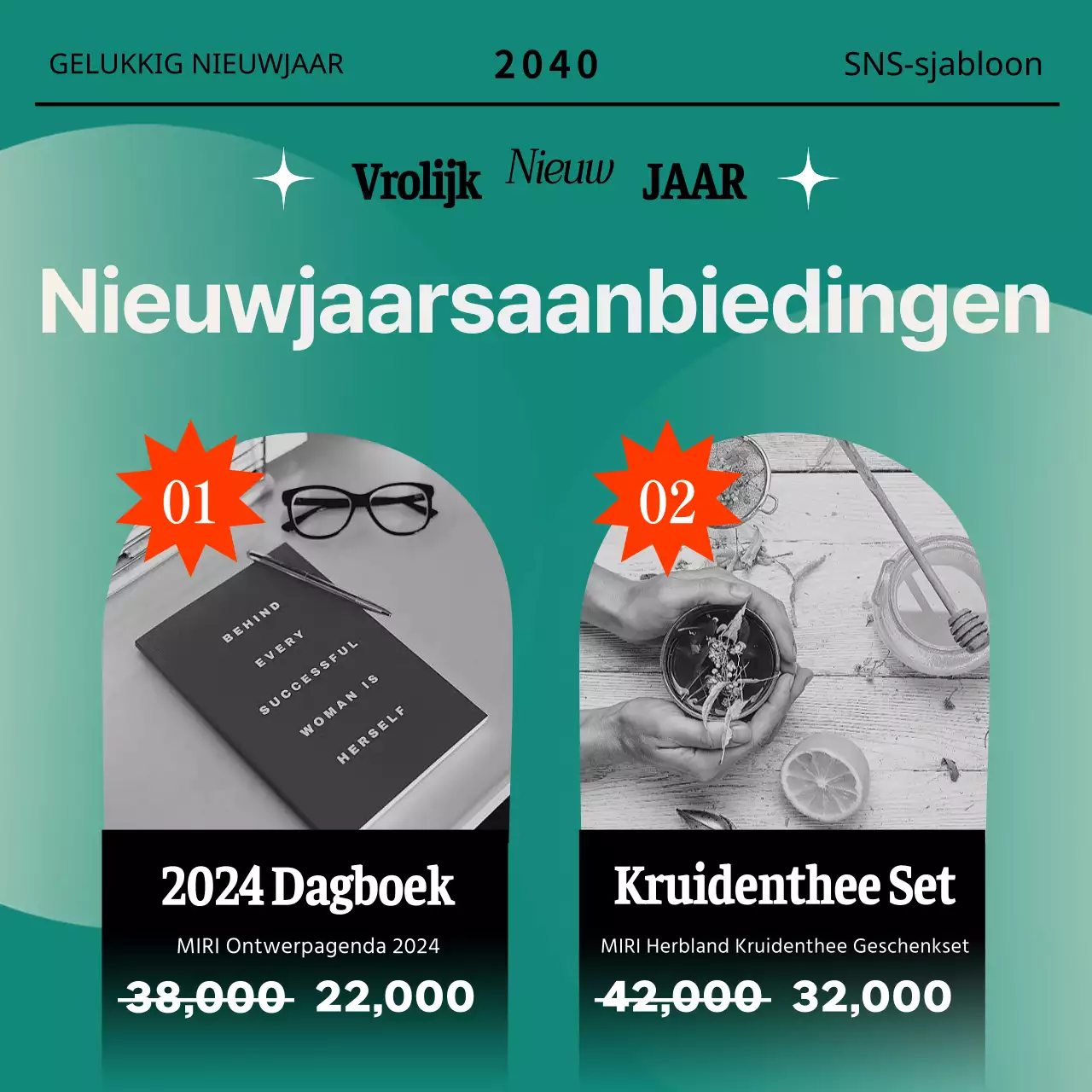 Promoot een nieuwjaarsmarketsjabloon in oranje en mint