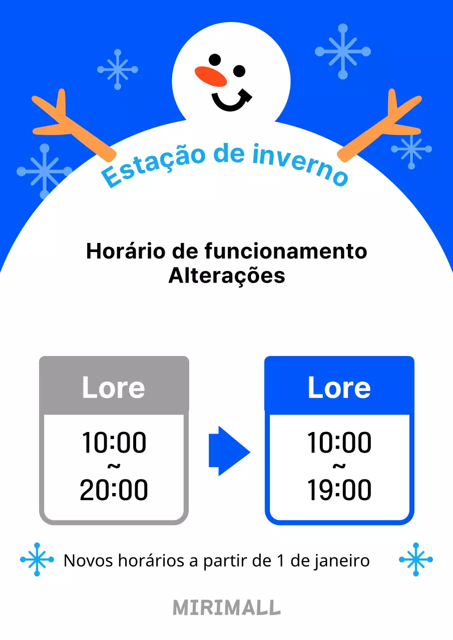 Um post de mudança de horário de abertura em azul e branco kitsch