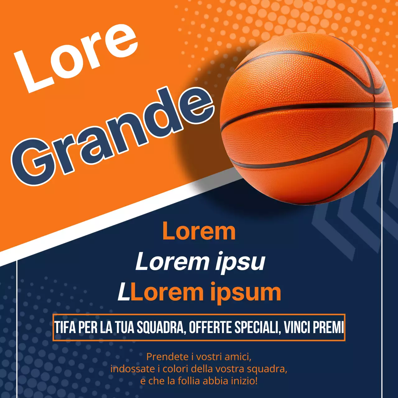 Annuncio geometrico arancione e navy per la festa della Marching Madness