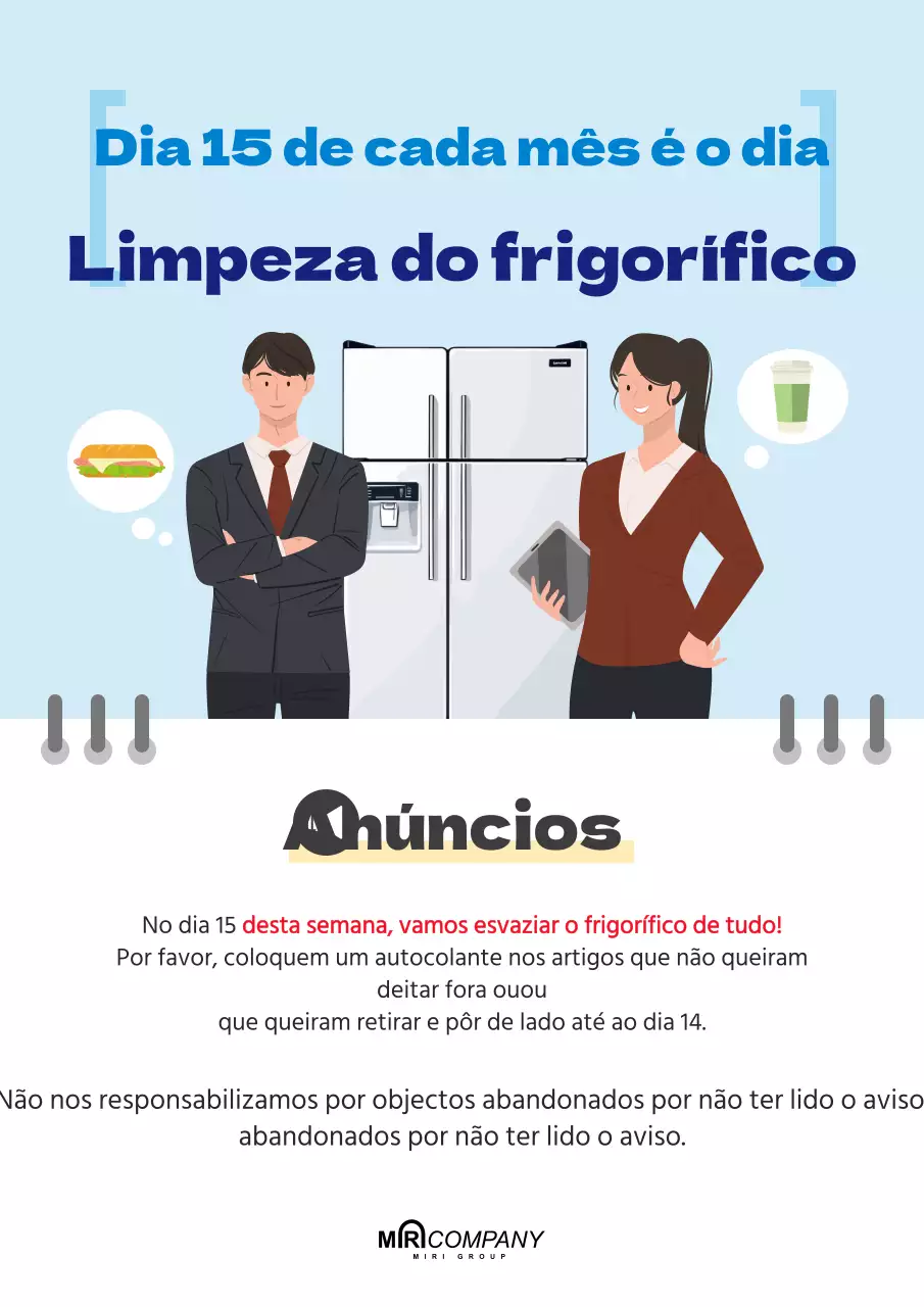 Aviso de limpeza do frigorífico destacado a azul claro