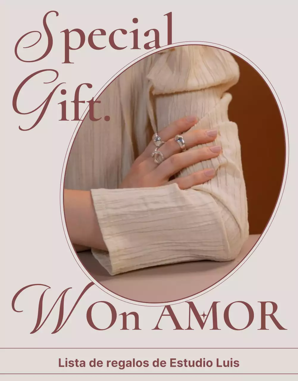 Anuncio de venta de un lookbook de accesorios de bisutería de moda en rosa y marrón.