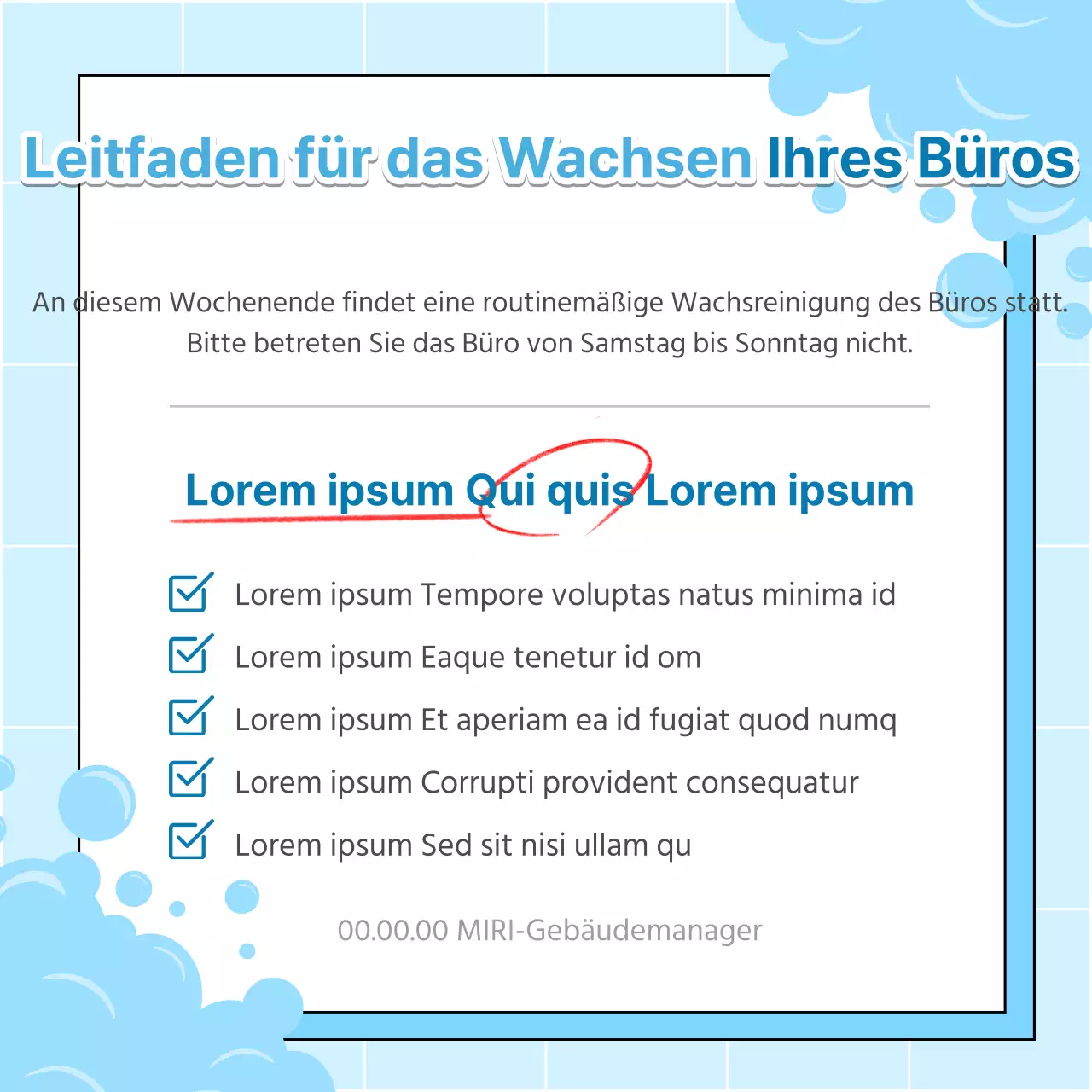Einfache Büro-Wachsreinigungsanzeige in Hellblau und Weiß
