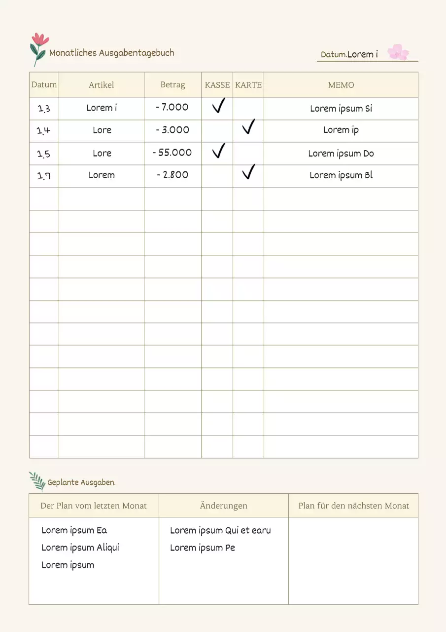 Ein einfaches Ausgabentagebuch in Elfenbein und Beige