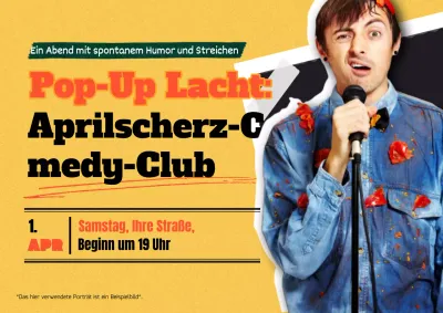 Gelbe und orangefarbene Kitsch-Anzeige für einen Aprilscherz