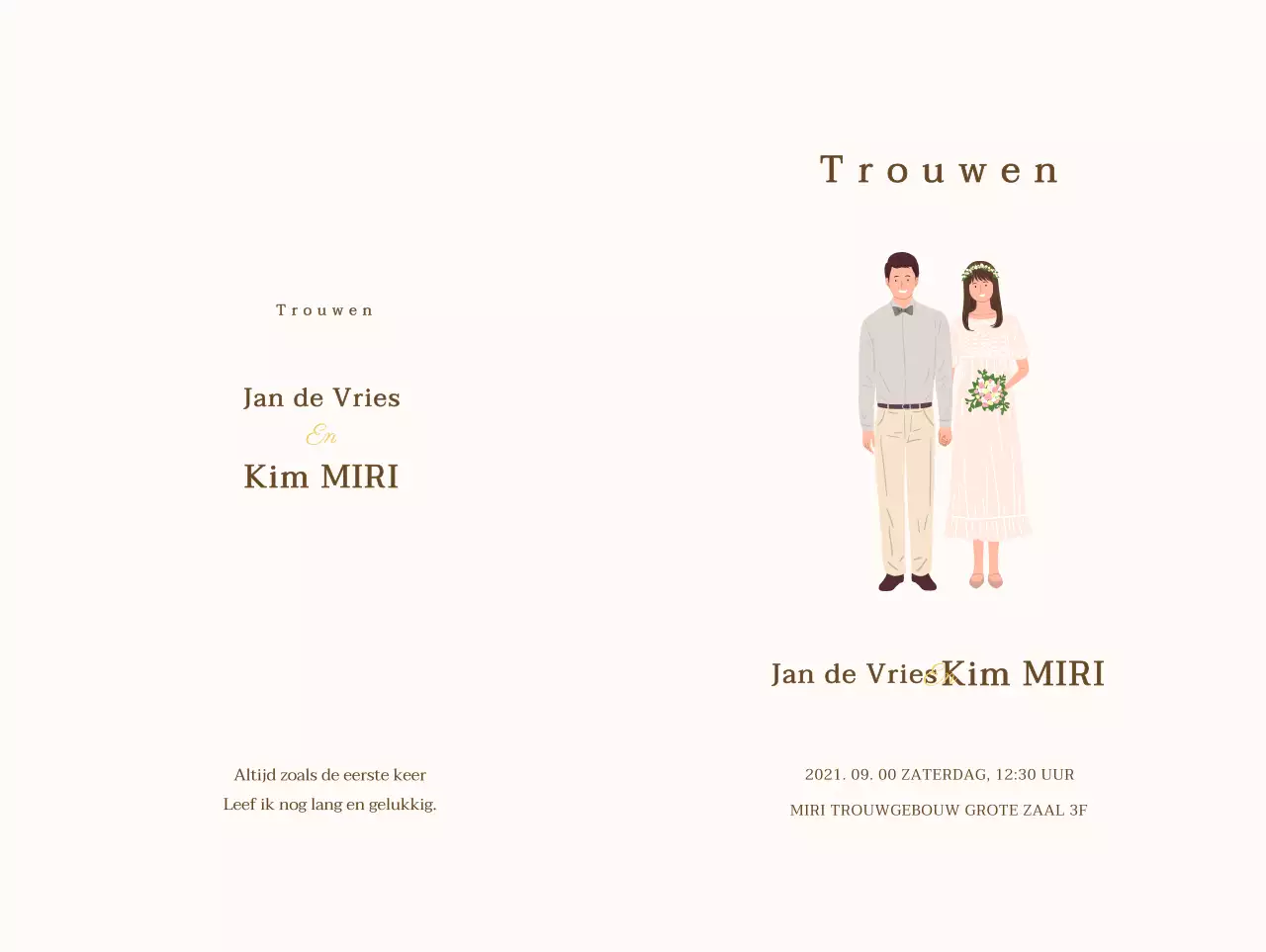 Emotioneel huwelijksuitnodigingsontwerp met warme trouwillustraties op een beige achtergrond