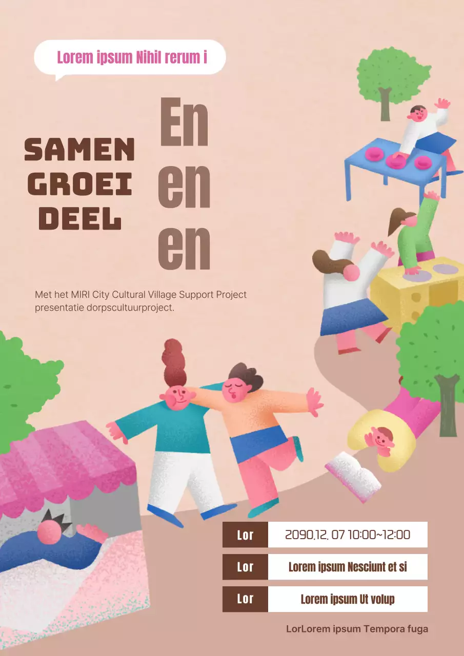 Aankondiging van de presentatie van het bruin en gezellig dorpscultuurproject