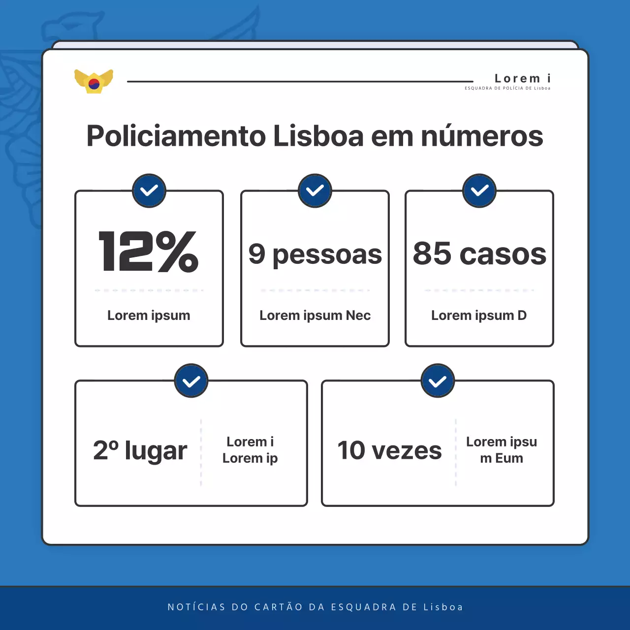 Publicações predefinidas do boletim informativo da esquadra de polícia em azul e azul-marinho
