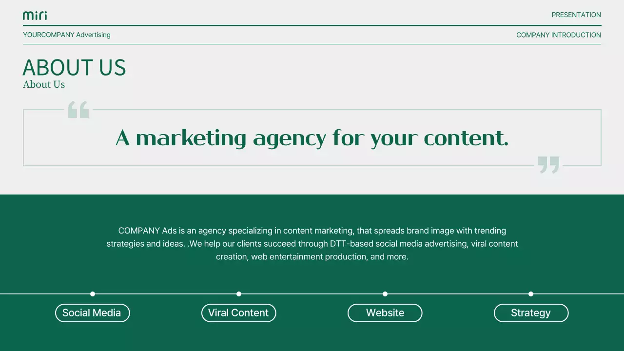 초록색과 회색의 모던한 스토리텔링형 기업 소개서