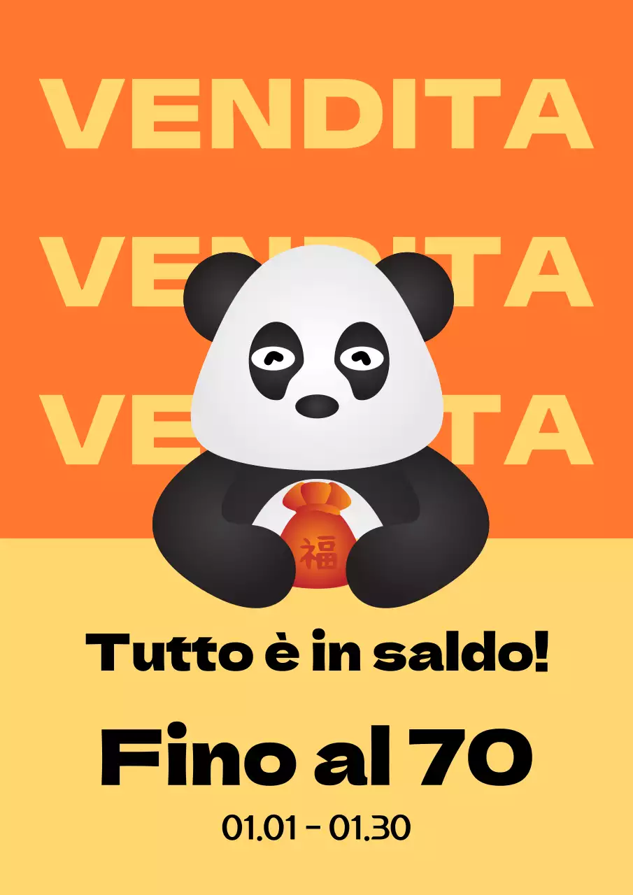 Popup di vendita con personaggio panda con accenti gialli e arancioni