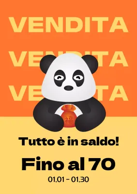 Popup di vendita con personaggio panda con accenti gialli e arancioni