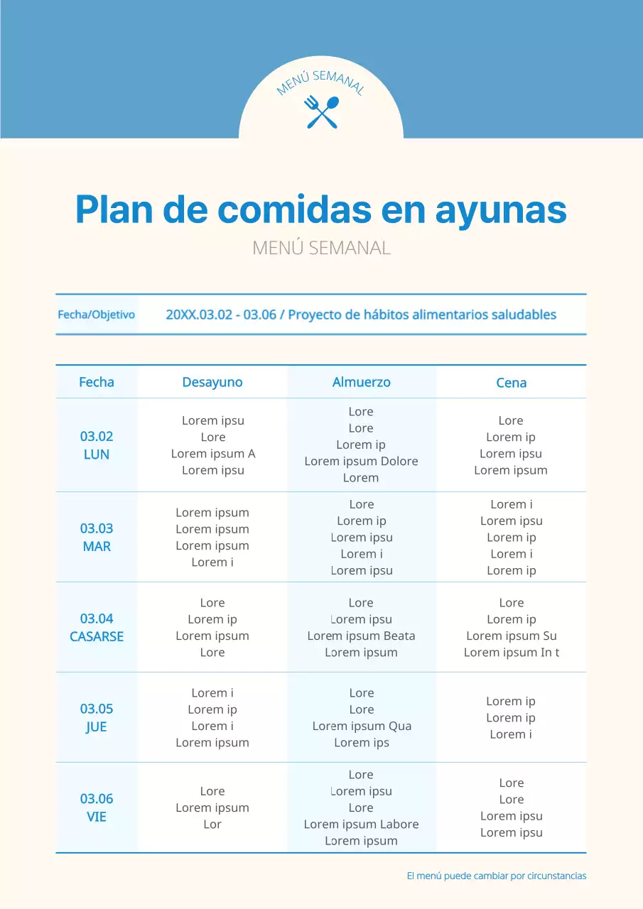 Plan de comidas de empresa minimalista en azul y marfil