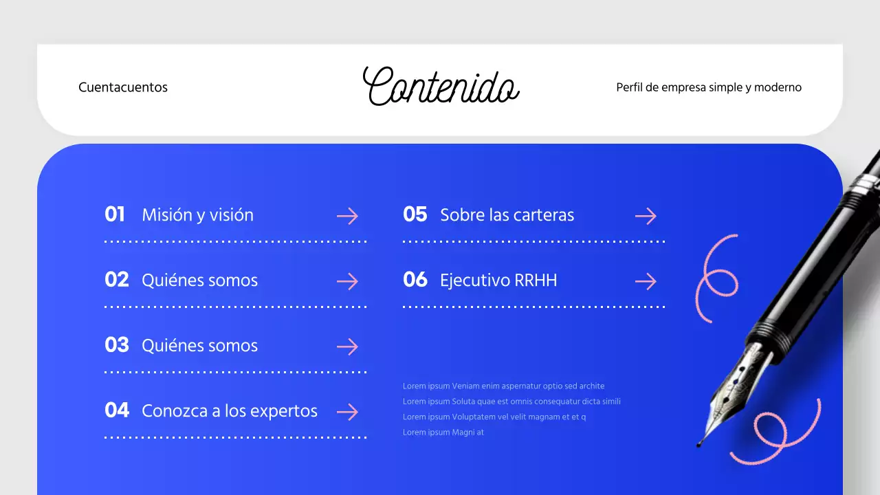 Una moderna carta de presentación de una empresa de storytelling en azul y rosa