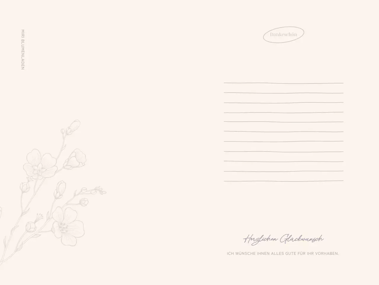 Blumenladen-Grußkarte mit einer floralen Linien-Illustration auf einem beigen Hintergrund