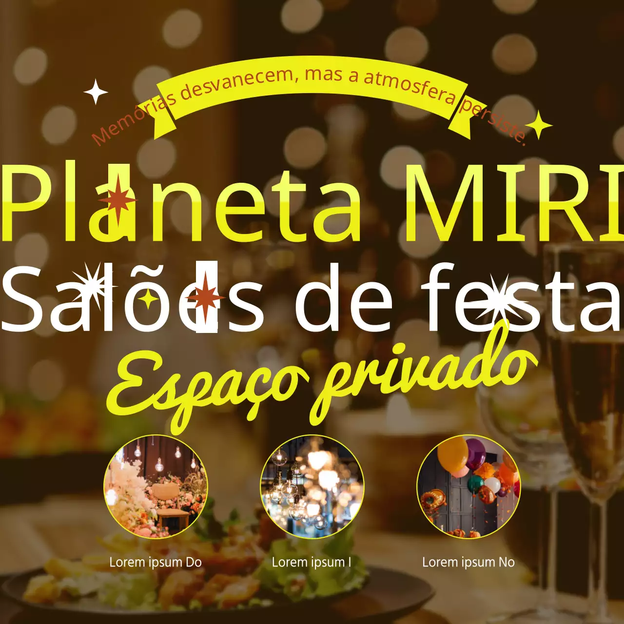 Promover um salão de festas moderno em tons de amarelo e castanho