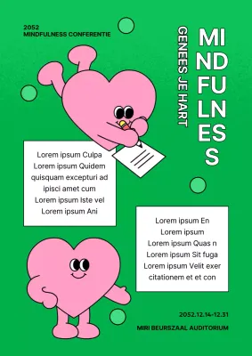 Een kitscherige groene en roze reclame voor een conferentie over geestelijke gezondheid