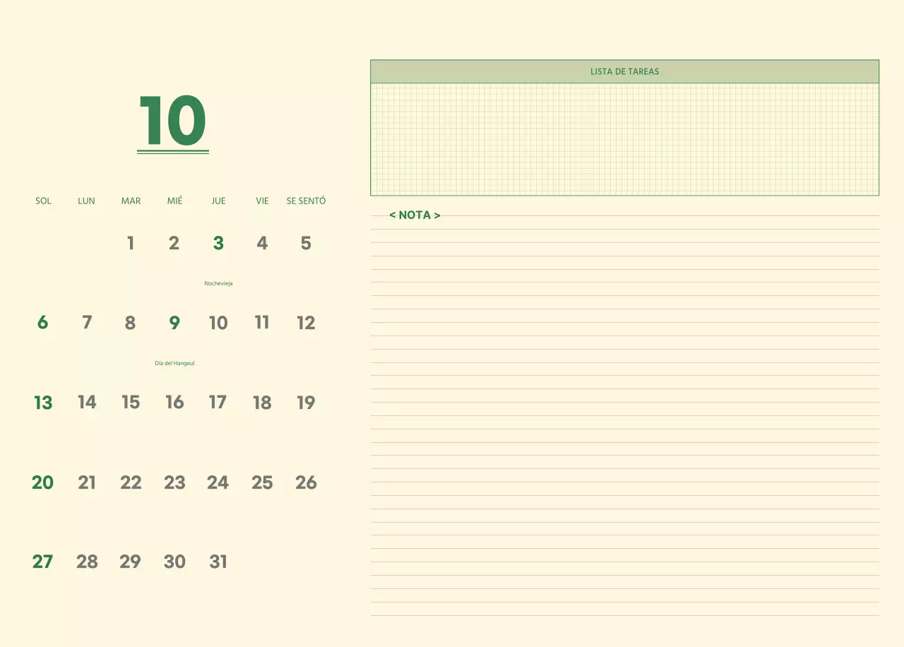 SAT Calendario de pared con concepto de bloc de notas del día D en verde y amarillo claro
