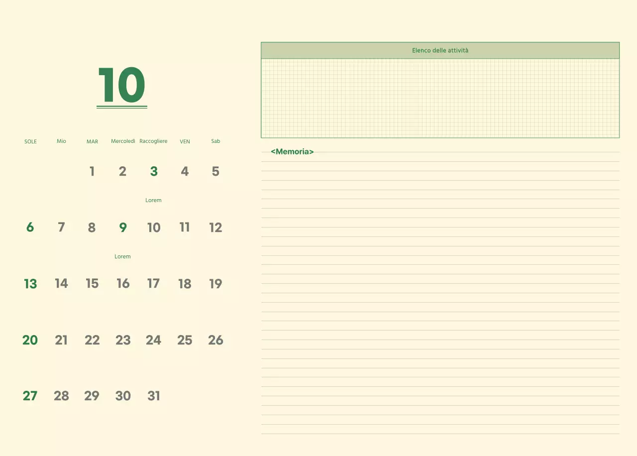 Calendario da parete SAT D-day concept in verde e giallo chiaro