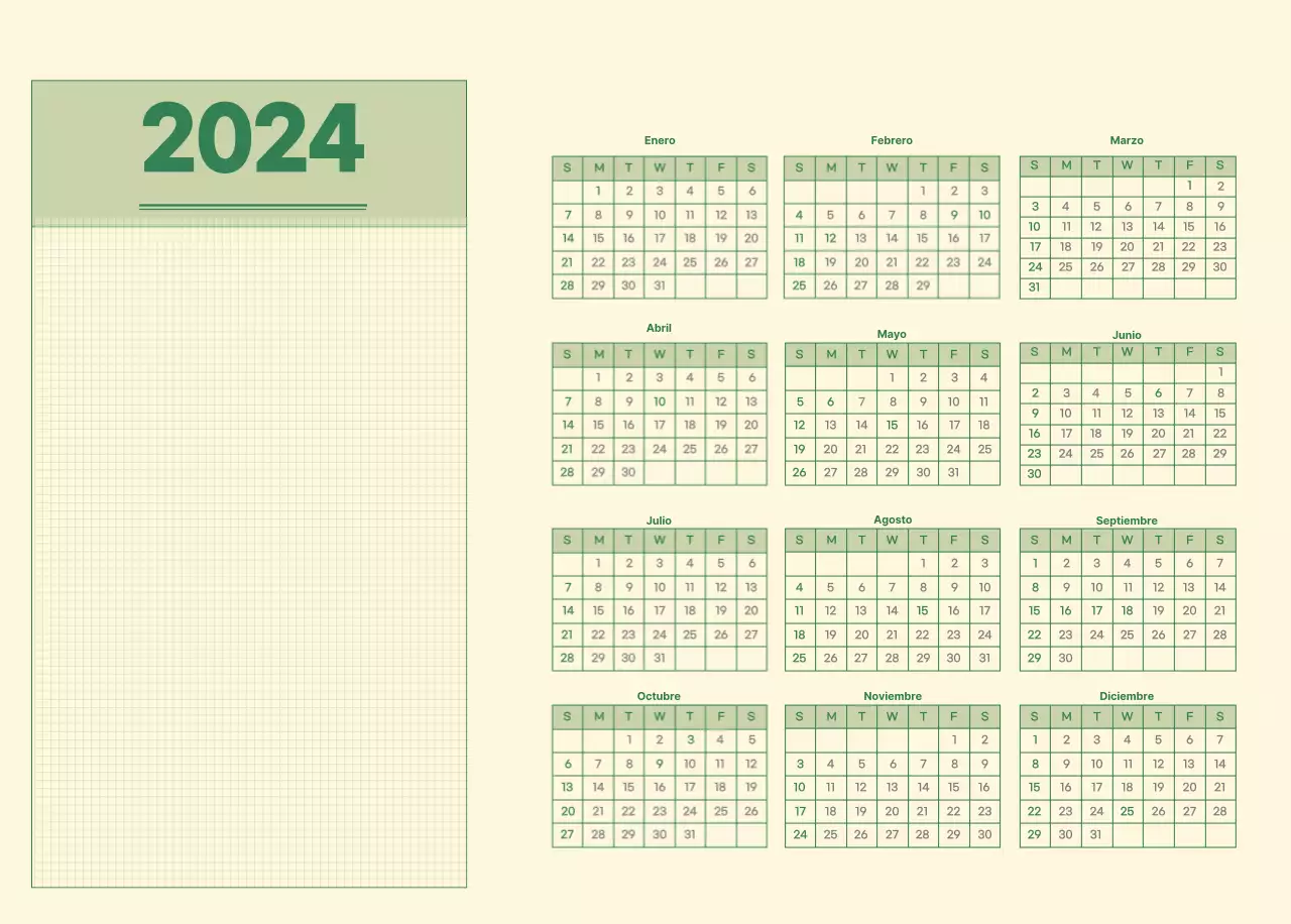 SAT Calendario de pared con concepto de bloc de notas del día D en verde y amarillo claro