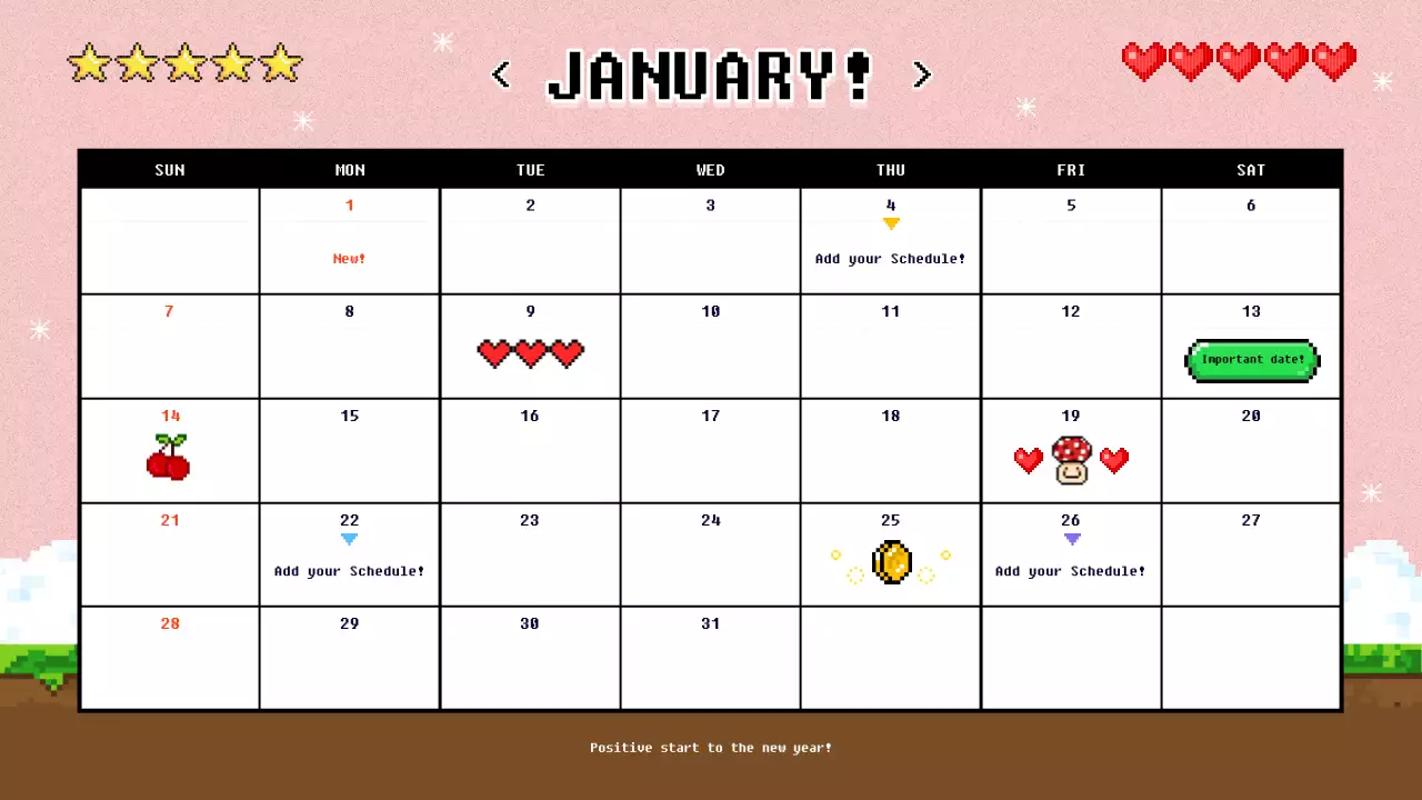 빨강과 하늘색의 레트로한 새해 1년 달력