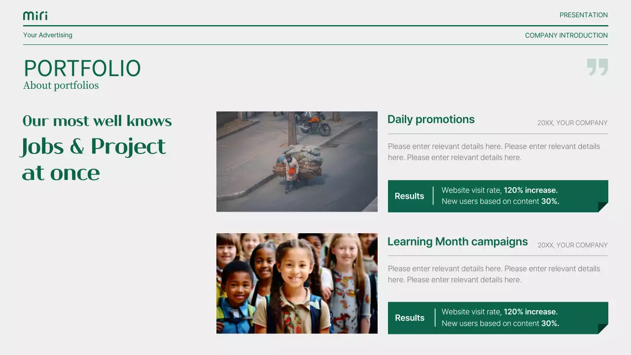초록색과 회색의 모던한 스토리텔링형 기업 소개서