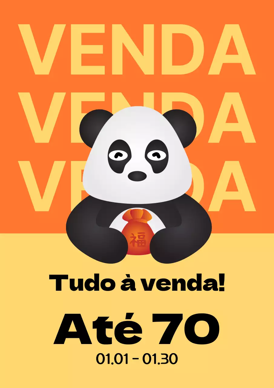 Pop-up de venda com personagem panda com detalhes em amarelo e laranja