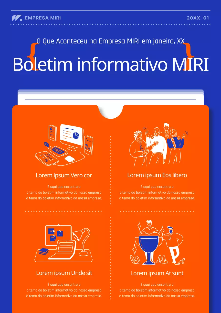 Uma publicação moderna de notícias da empresa em laranja e azul