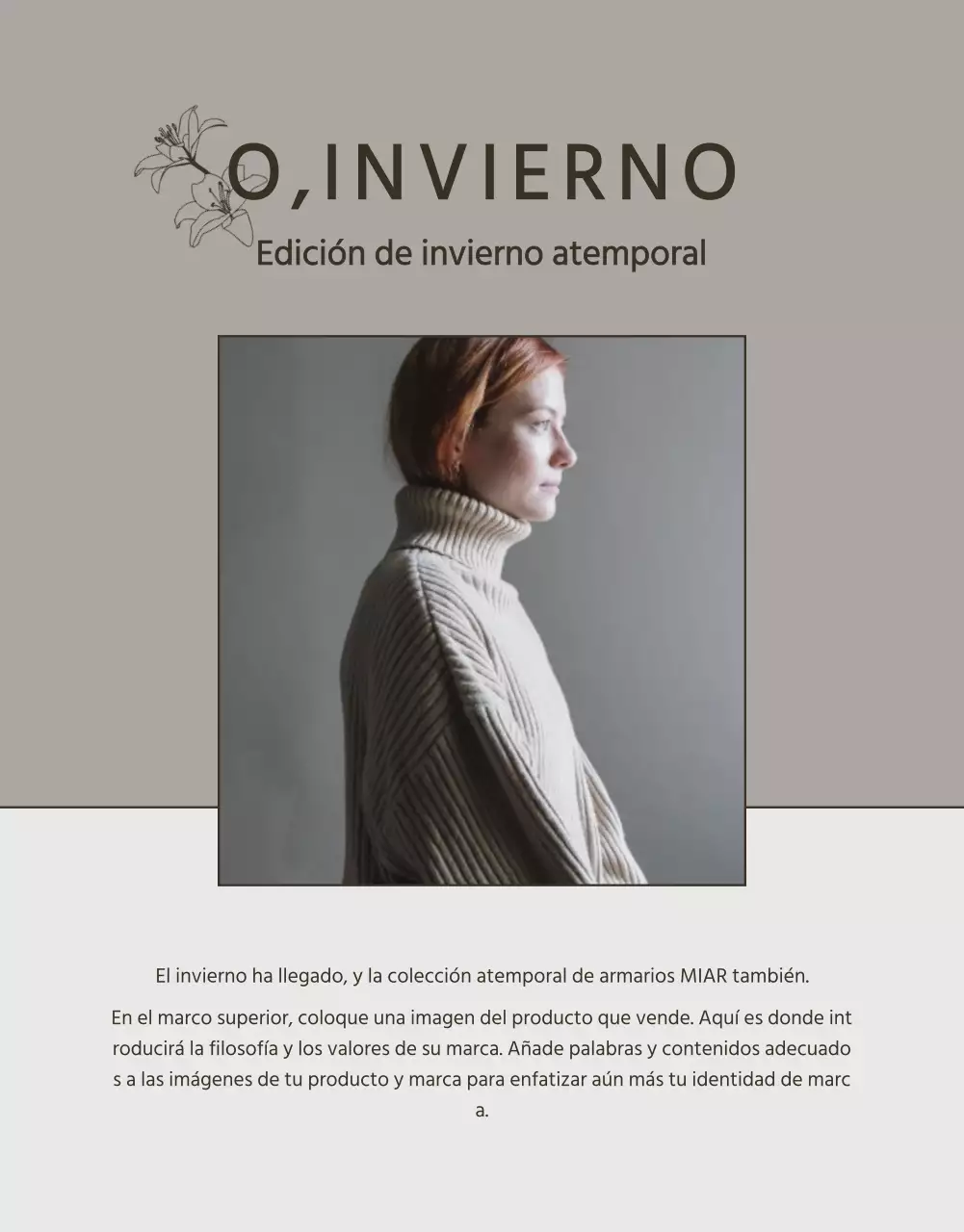 Moderno anuncio de prendas de punto de invierno en beige y marrón