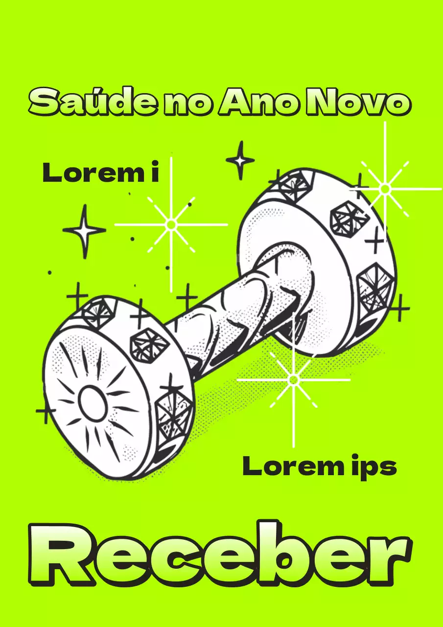 Um anúncio pop-art de saldos de ginásio para o Ano Novo em cores fluorescentes e verde.