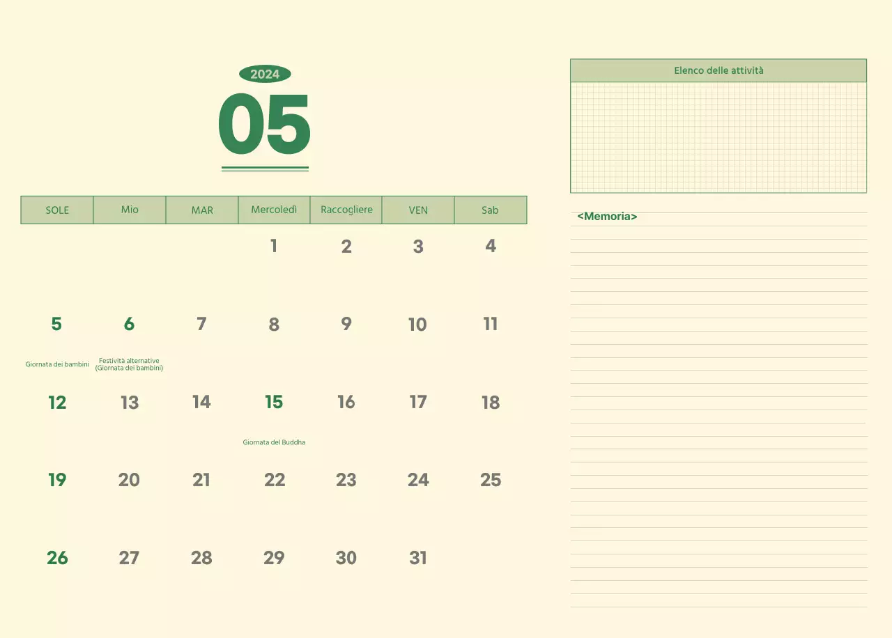 Calendario da parete SAT D-day concept in verde e giallo chiaro