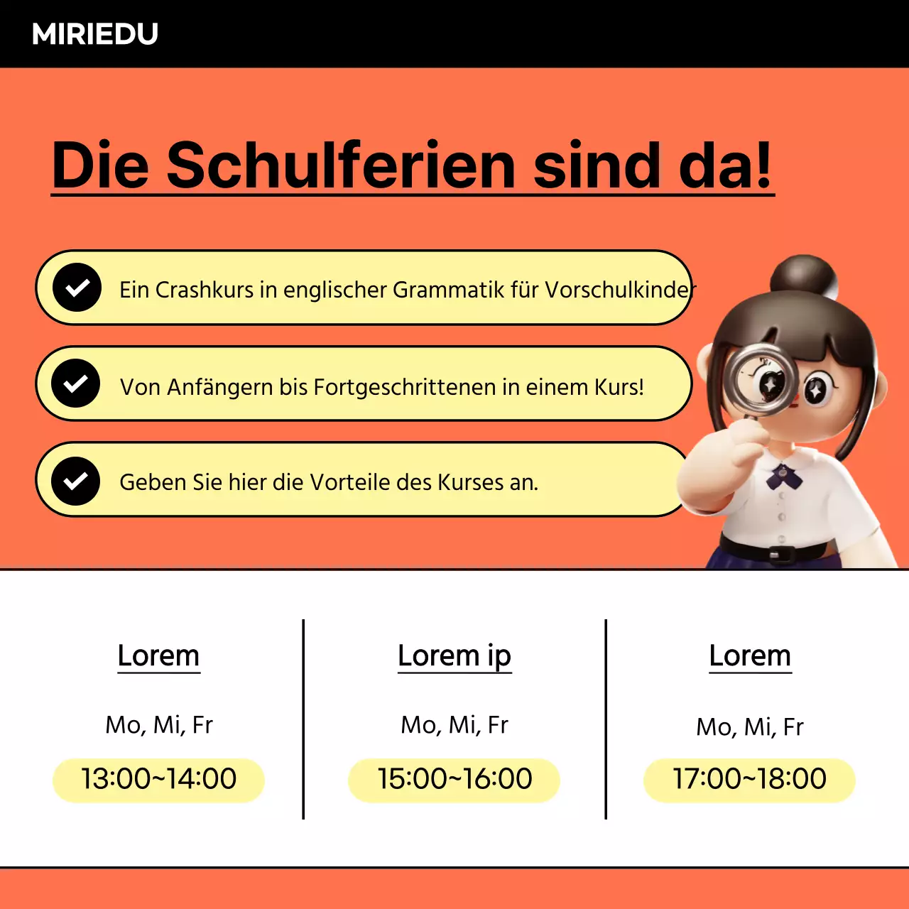 Bewerben Sie Schulferienangebote in Orange und Schwarz.