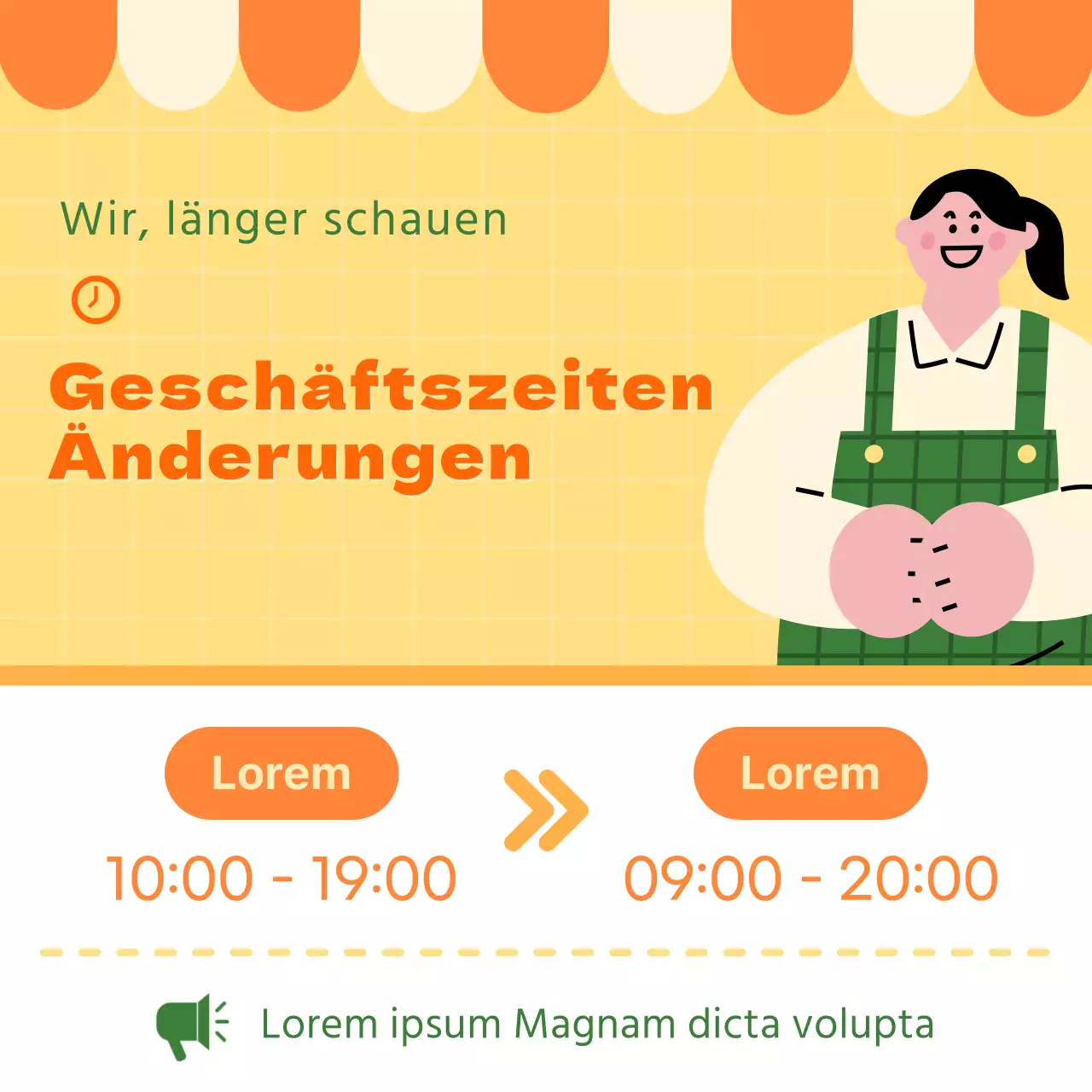 Orange-gelbes, farbenfrohes Plakat zu den Öffnungszeiten