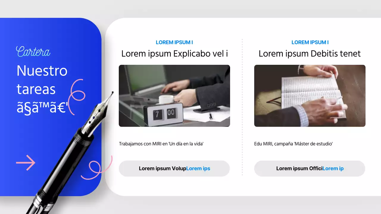 Una moderna carta de presentación de una empresa de storytelling en azul y rosa