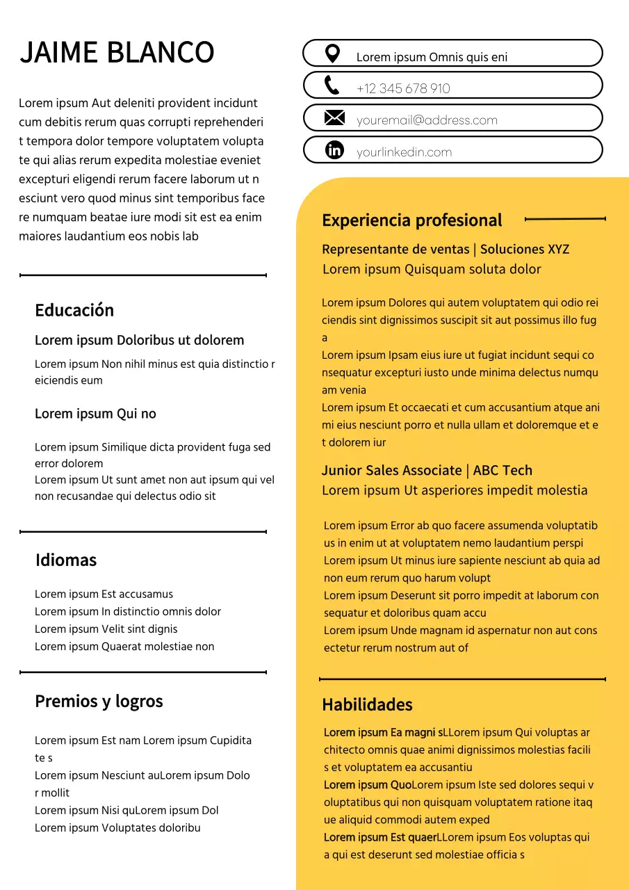 Currículum vitae simple de representante de ventas en blanco y amarillo