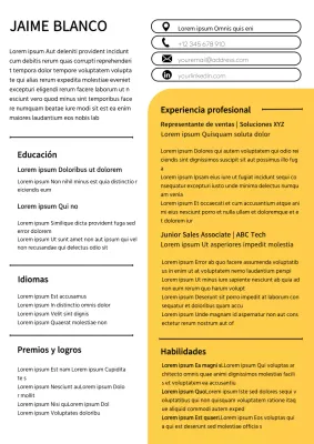 Currículum vitae simple de representante de ventas en blanco y amarillo