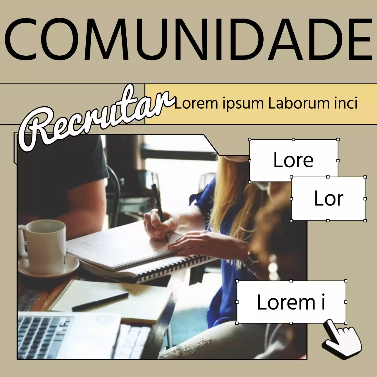 Promover um recrutamento comunitário moderno em bege e preto