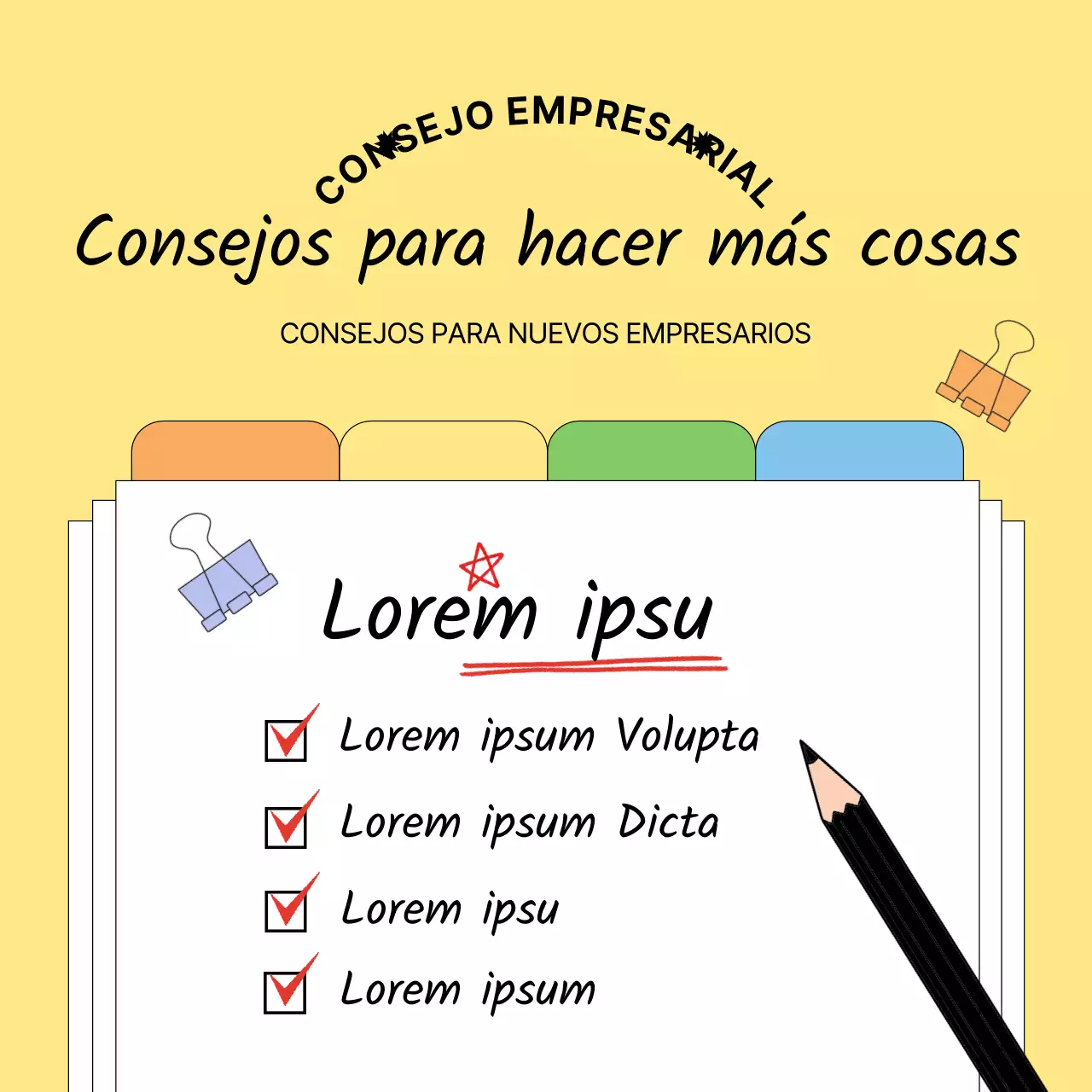 Consejos empresariales sencillos en amarillo y negro