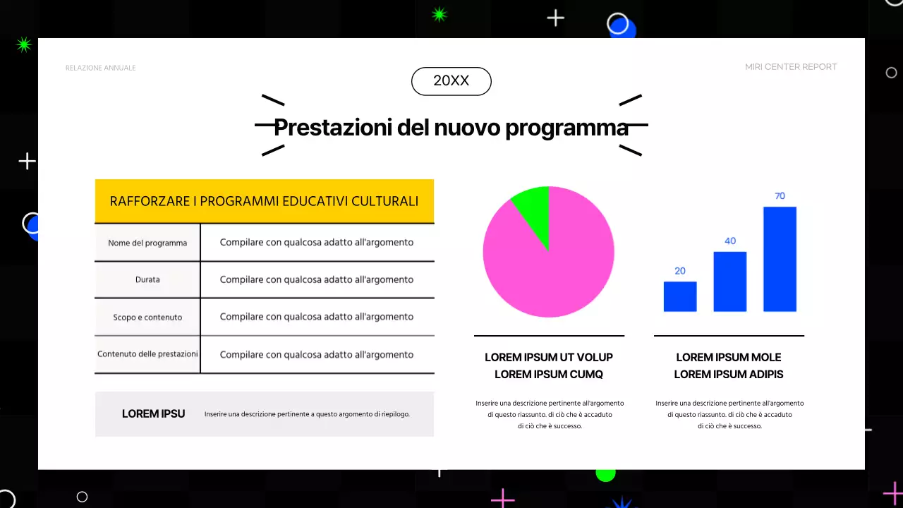 Rapporti finanziari di fine anno in stile kitsch, in rosa acceso e colori fluorescenti.