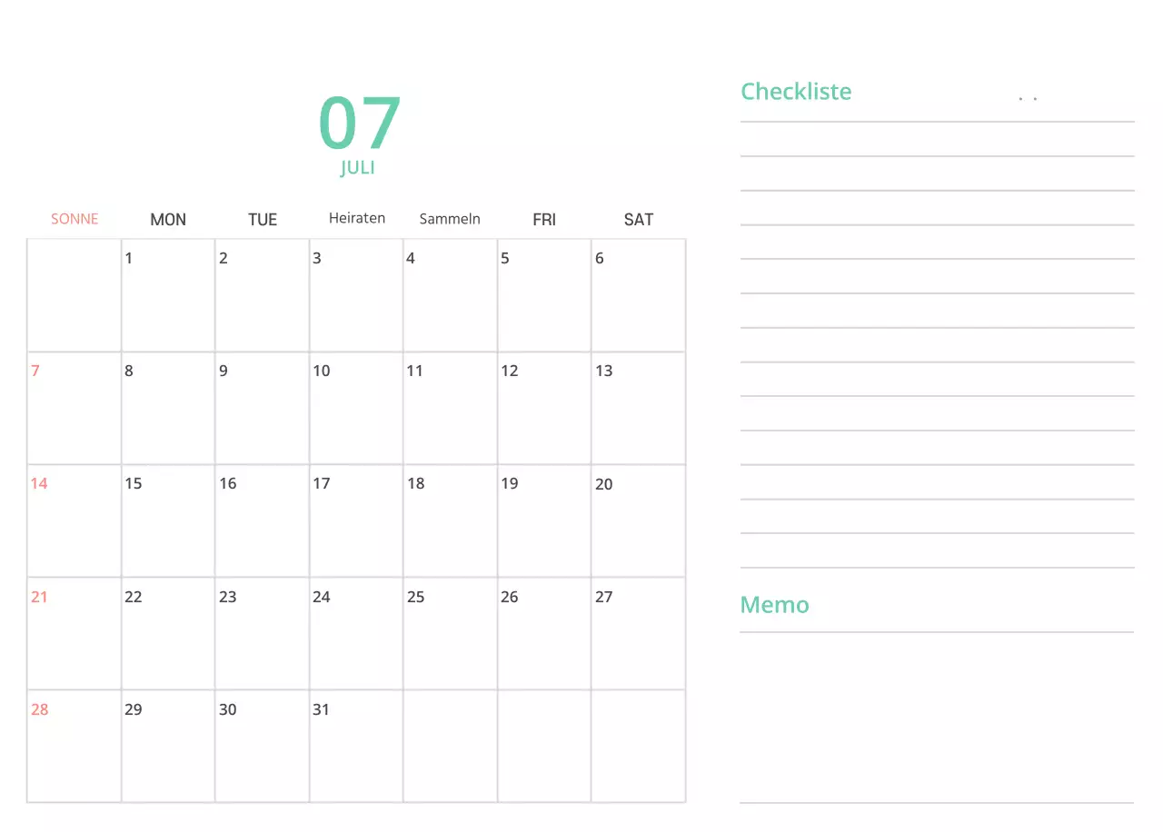 Niedlich illustrierter grüner Tischkalender mit Familienthemen