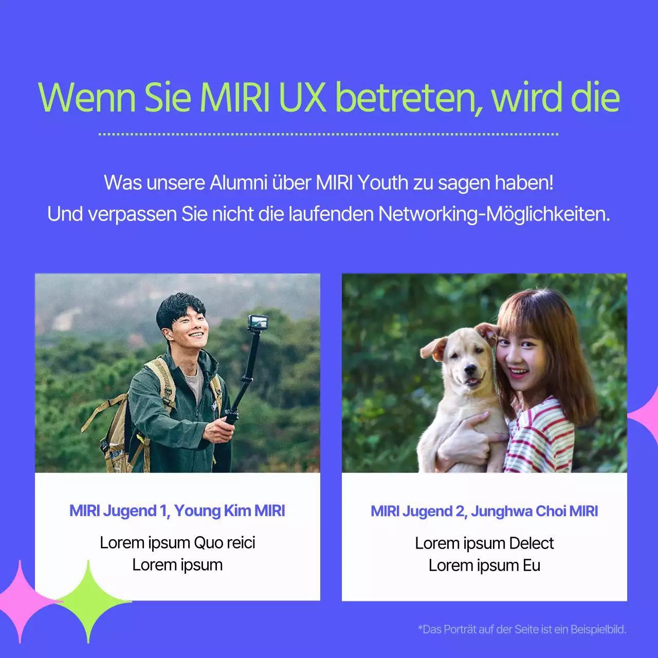 Kitschige Rekrutierungsanzeige der Gemeinde in Lila und Chartreuse