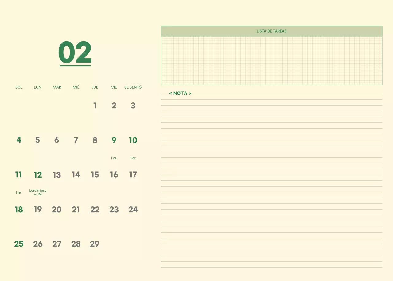 SAT Calendario de pared con concepto de bloc de notas del día D en verde y amarillo claro