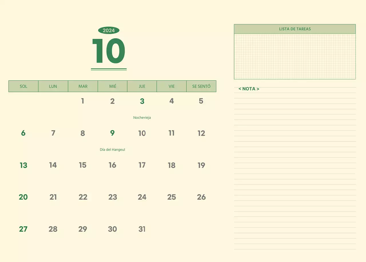 SAT Calendario de pared con concepto de bloc de notas del día D en verde y amarillo claro