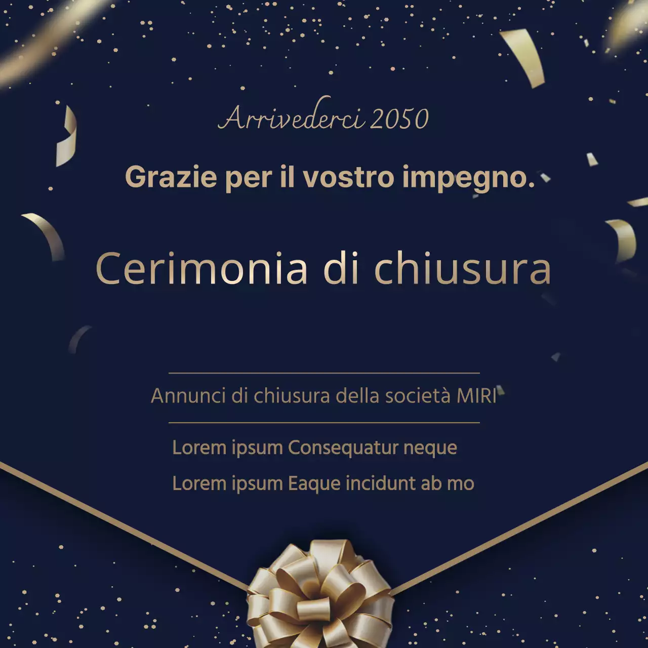 Un annuncio di chiusura aziendale di classe in blu navy e oro