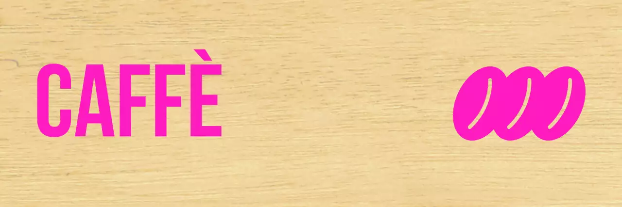 Caffè con scritte nere e accenti rosa.