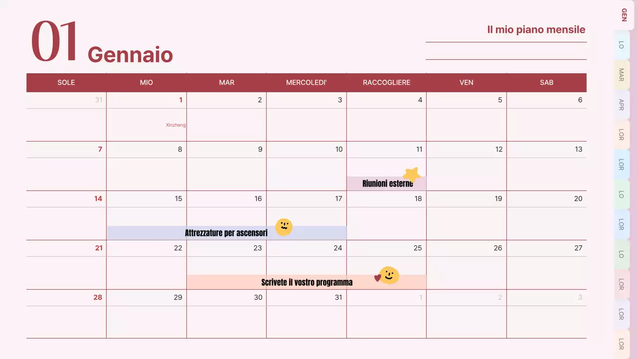Calendario classico in rosa e azzurro