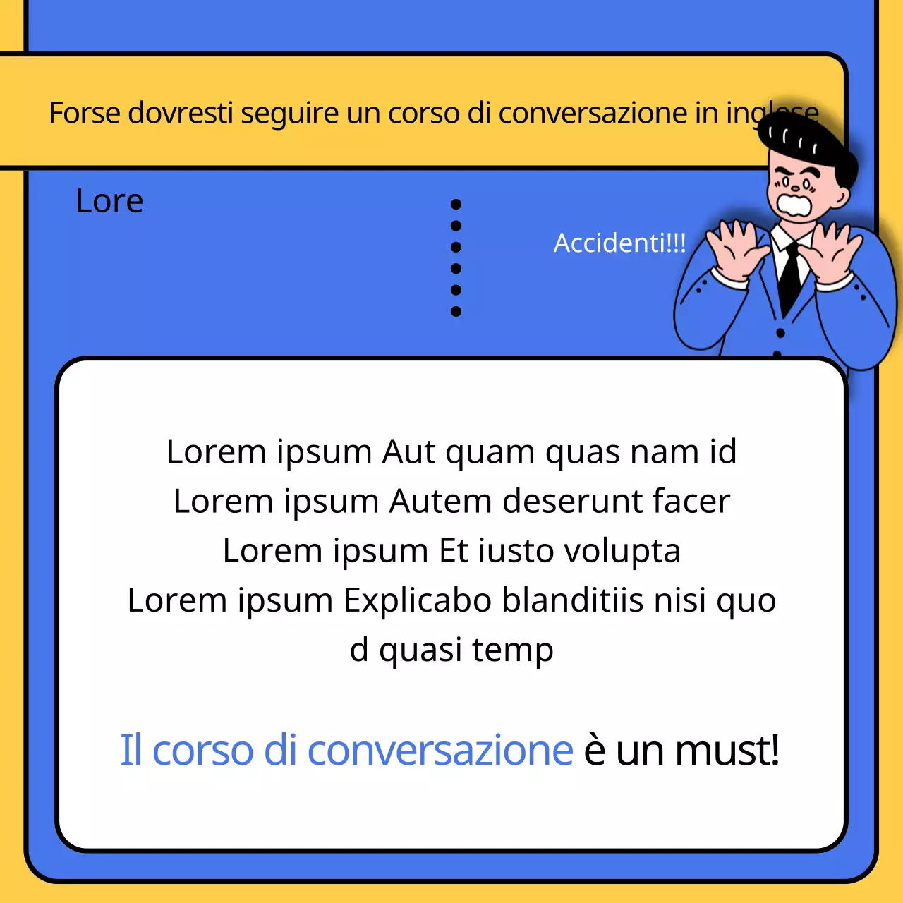 Promozione di una scuola di lingua inglese kitsch in blu e giallo