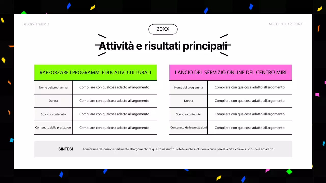 Rapporti finanziari di fine anno in stile kitsch, in rosa acceso e colori fluorescenti.