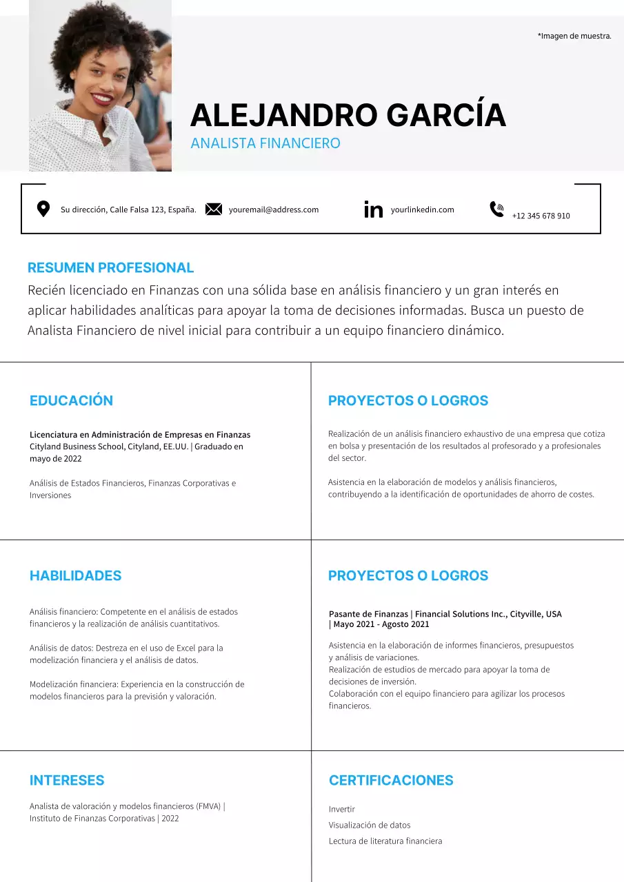 Currículum vitae de analista financiero en gris y azul