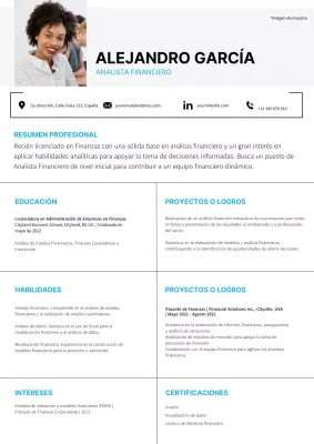 Currículum vitae de analista financiero en gris y azul