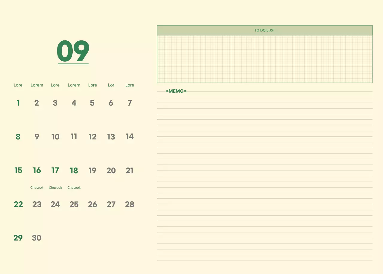 SAT D-day notitieblok concept muurkalender in groen en lichtgeel