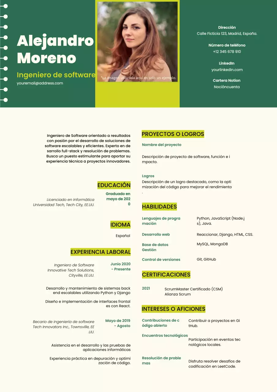 Currículum vitae de ingeniero de software de moda en verde y beige